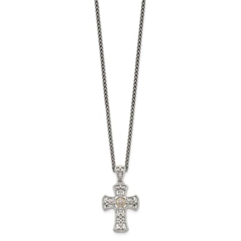 Sterling Silver Antiqued with 14K Accent Diamond Cross Necklace
