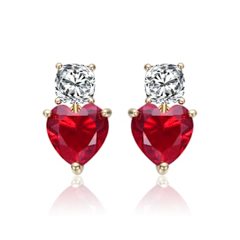Ruby Color CZ Two-Heart Drop Earrings In 14K Gold Over Sterling Silver