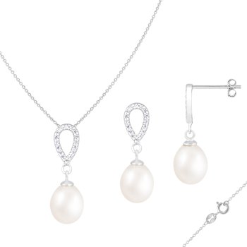 8-9mm Drop White Freshwater Pearl and CZ Rhodium Over Sterling Earring
and Pendant W/Chain Set