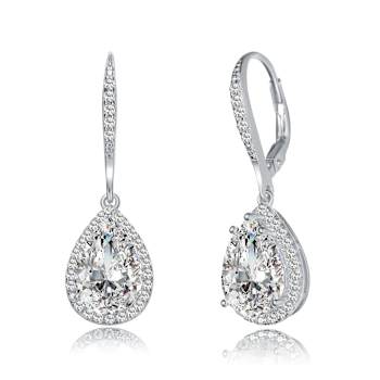Pear Shape CZ Halo Drop Earrings In Sterling Silver