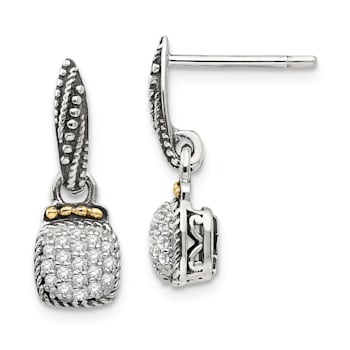 Sterling Silver Antiqued with 14K Accent Diamond Dangle Post Earrings