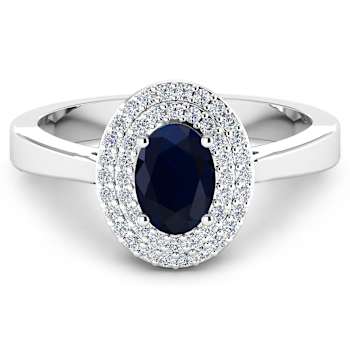 1.06ctw Blue Sapphire and Diamond 14K White Gold Halo Ring