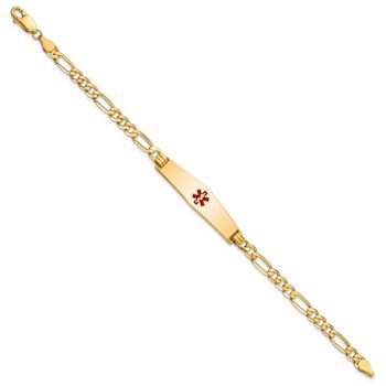 14k Yellow Gold Medical Soft Diamond Shape Red Enamel Flat Figaro Link
ID Bracelet