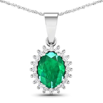 1.10ctw 14K White Gold Zambian Emerald and White Diamond Pendant with 18
inch Cable Chain