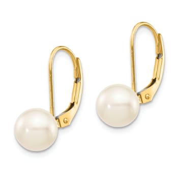 14K Yellow Gold 7-8mm White Round Saltwater Akoya Cultured Pearl
Leverback Earrings