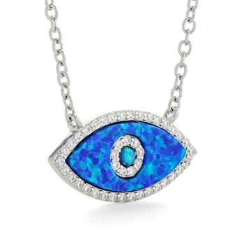 Lab Created Blue Opal Pendant with CZ Accents Rhodium Over Sterling
Silver Evil Eye Necklace