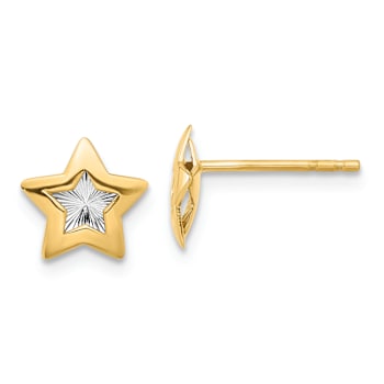 14k Two-tone Polished and Textured Star Stud Earrings