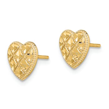 14K Yellow Gold Criss-Cross with Diamond-Cut 8mm Heart Stud Earrings