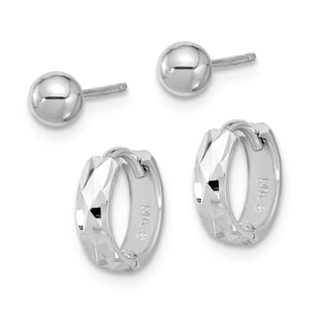 Rhodium Over 14K White Gold Polished 4mm Ball Stud and 3/8"
Diamond-Cut Hinged Hoop Earring Set