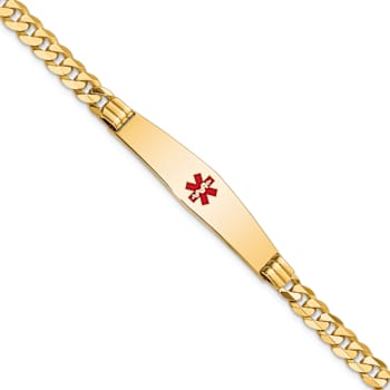 14k Yellow Gold Medical Soft Diamond Shape Red Enamel Curb Link ID Bracelet