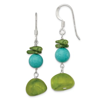 Sterling Silver Jadeite, Green Coral, Blue Dyed Howlite Dangle Earrings