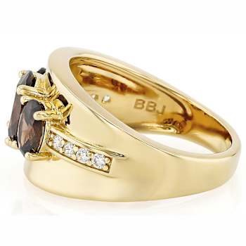 Mocha And White CZ 3-Stone Ring In 18K Gold Over Sterling Silver