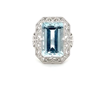 Rectangular Octagonal Aquamarine Rhodium Over Sterling Silver Ring 9.10ctw
