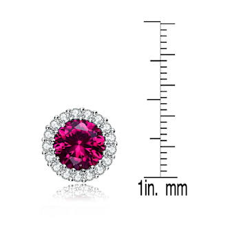 Ruby Color CZ Halo Stud Earrings In Sterling Silver