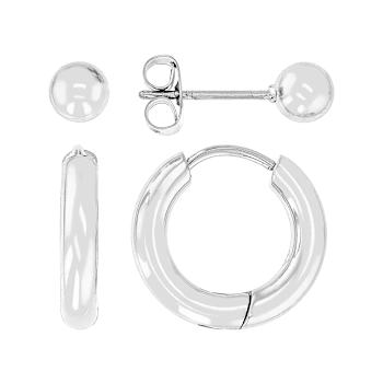 Huggie and Ball Stud Earring Stacking Set In Silver Tone