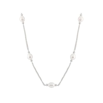 White Cultured Freshwater Pearl Rhodium Over Silver Station Necklace