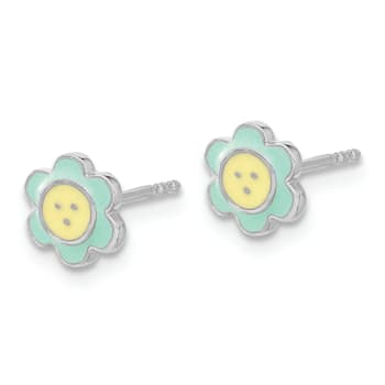 Rhodium Over Sterling Silver Enamel Flower Children's Post Earrings