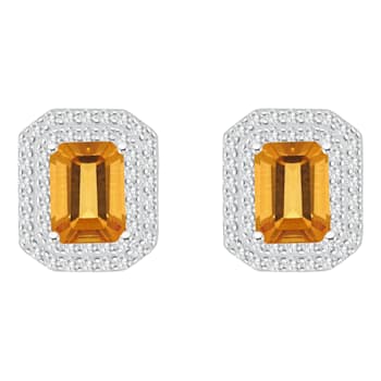8x6mm Emerald Cut Citrine And White Topaz Accent Rhodium Over Sterling
Silver Double Halo Earrings