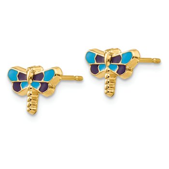 14k Yellow Gold Textured Enameled Dragonfly Earrings