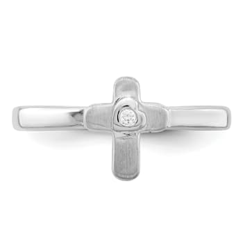 Sterling Silver Polished and Satin Cubic Zirconia Cross Children's Ring