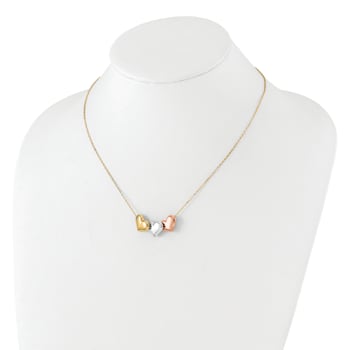 14K Tri-color Polished Hearts 17-inch with 1-inch Extension Necklace