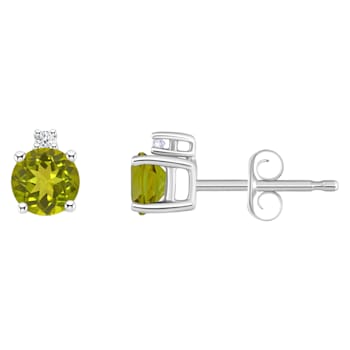 4mm Round Peridot with Diamond Accents 14k White Gold Stud Earrings