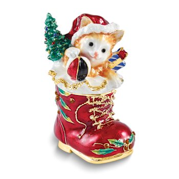 PLAYFUL KITTEN Christmas Cat In Stocking Trinket Box