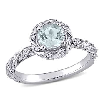 Aquamarine and Diamond 14K White Gold Halo Ring 0.84ctw