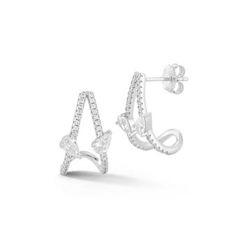 Rachel Zoe Pear-Shaped CZ J-Hoop Stud Earrings in Rhodium Over Sterling Silver