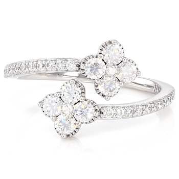 Moissanite Clover Bypass Ring In Platinum-Enhanced Sterling Silver