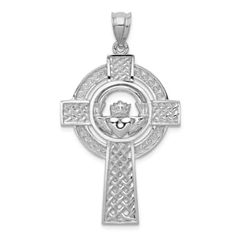 Rhodium Over 14K White Gold Celtic Claddagh Cross Pendant