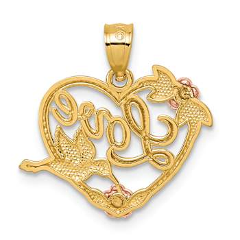 14K Tri-color Gold Polish Love Floral And Bird Heart Pendant