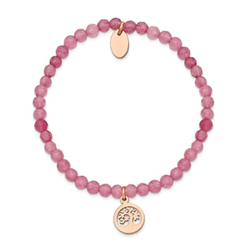 Rose Stainless Steel Polished Tree Pink Jade Beaded Stretch Bracelet