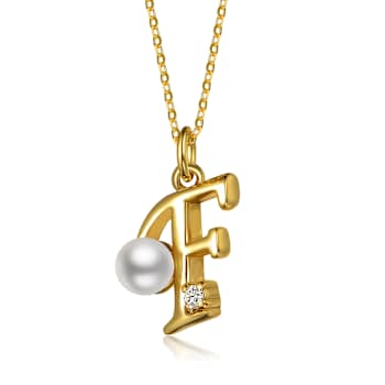 Initial F Pear Shape CZ And Pearl Pendant Necklace In 14K Gold Over Brass