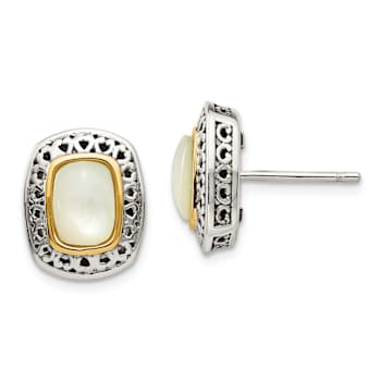 Sterling Silver with 14K Accent Antiqued Mother Of Pearl Post Earrings