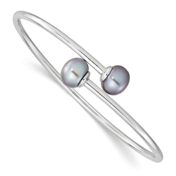Rhodium Over Sterling Silver 9-10mm Grey Button Freshwater Cultured
Pearl Bracelet