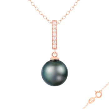 Black Cultured Tahitian Pearl and Diamond 14k Rose Gold Pendant 10-11mm
