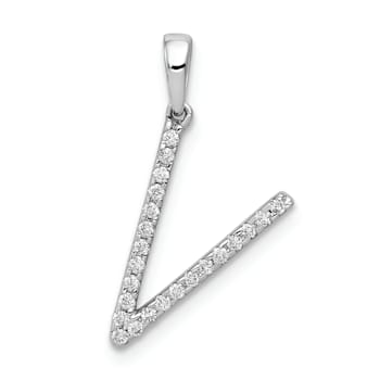 Rhodium Over 14K White Gold Diamond Letter V Initial Pendant