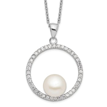 Rhodium Over Sterling Silver 8-9mm White Freshwater Cultured Pearl and
Cubic Zirconia Necklace