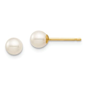 14K Yellow Gold 4-5mm White Round Freshwater Cultured Pearl Stud Post Earrings