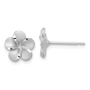 Rhodium Over 14K White Gold 8.5mm Satin Diamond-Cut Plumeria Stud Earring