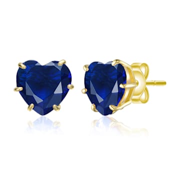 Sapphire Color CZ Heart-Shape Stud Earrings In 14K Gold Over Brass
