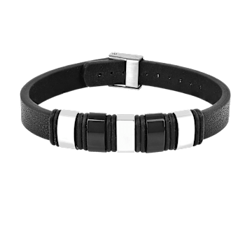 Mens Black Leather and Stainless Steel Station Bracelet
