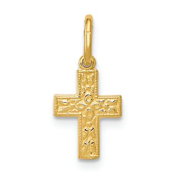 14k Yellow Gold Textured Floral Cross Charm
