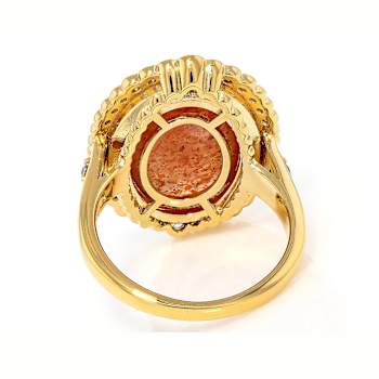 Orange Sunstone Oval And White Zircon Ring In 18K Gold Over Sterling
Silver 0.46ctw