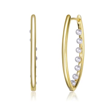 Pear Shape Pearl Drop Hoop Earrings In 14K Gold Over Brass