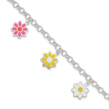 Sterling Silver Multi-color Enamel Flowers Children's Bracelet