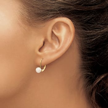 14K Yellow Gold 6-7mm White Round Freshwater Cultured Pearl Leverback Earrings