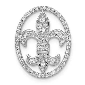 Rhodium Over 14k White Gold Oval Diamond Fleur de Lis Chain Slide Pendant