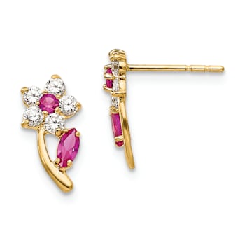 14k Yellow Gold Children's Clear and Red Cubic Zirconia Flower Stud Earrings